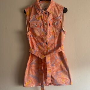 Zara Coral-Peach Printed Sleeveless Denim Dress with Belt